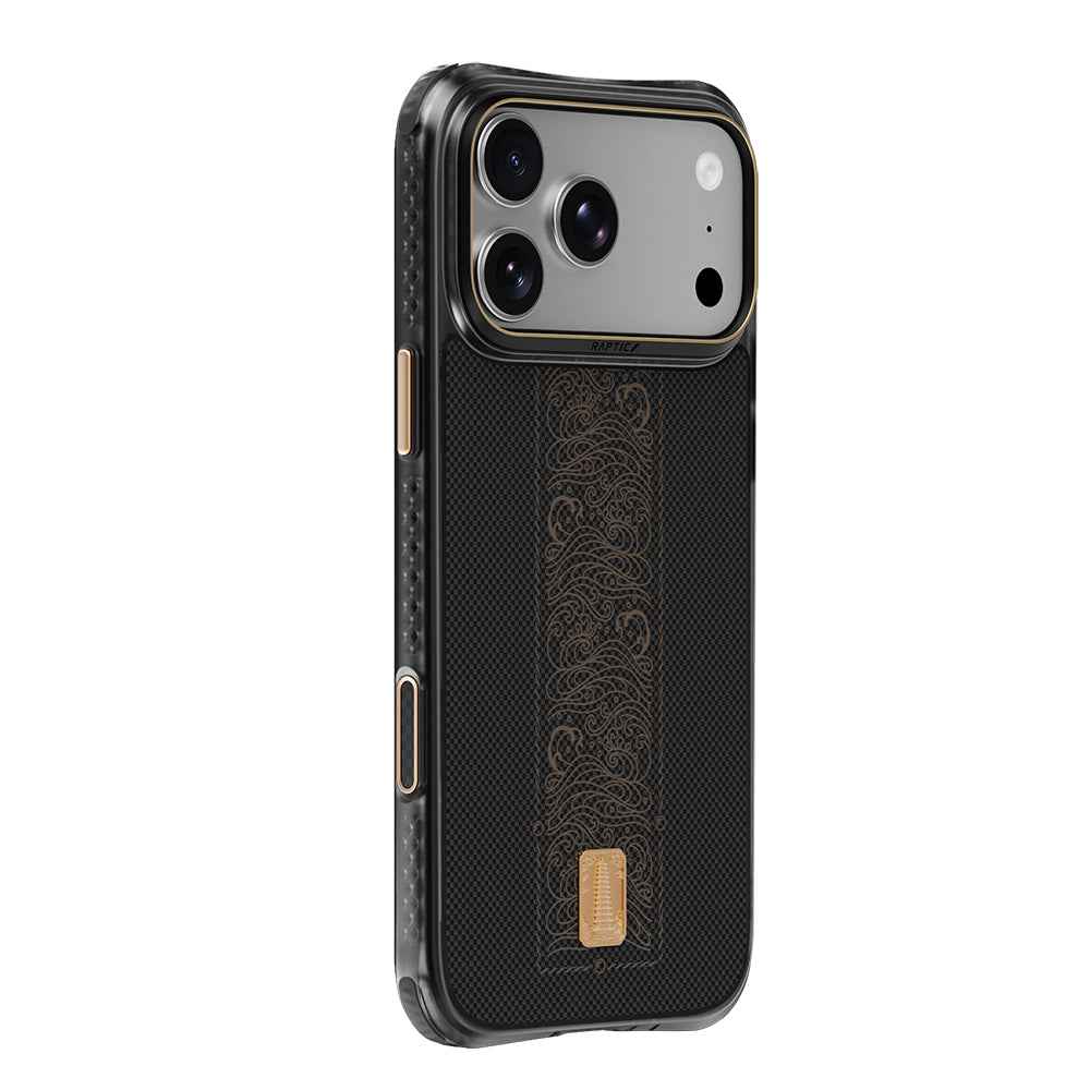 Raptic iPhone 18 Pro Aramid Dual Rise kılıf, 24 ayar altın detaylı, MagSafe uyumlu