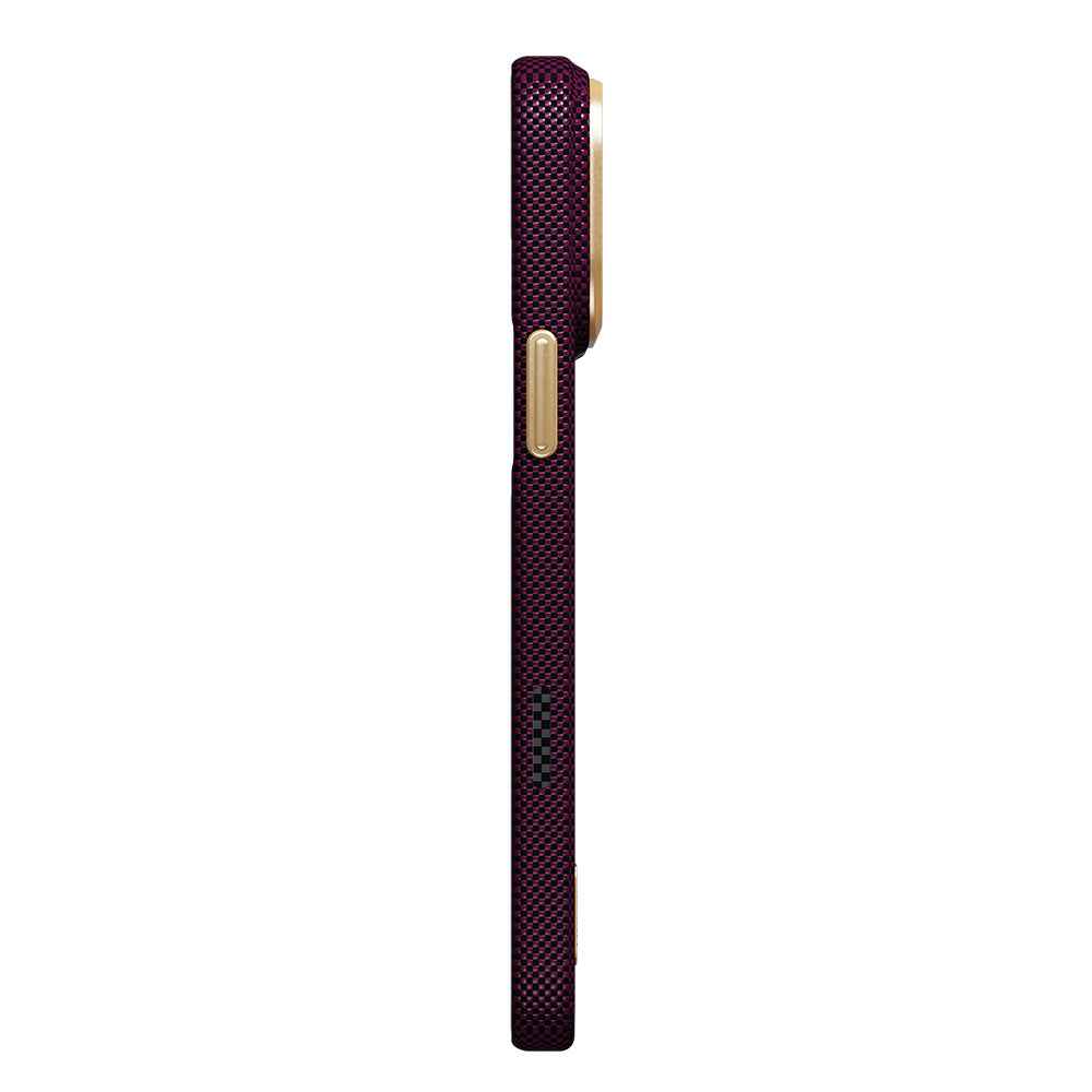 Raptic iPhone 18 Pro Max Aramid Skin Rise kılıf, Burgundy, 24 ayar altın detaylı, MagSafe uyumlu