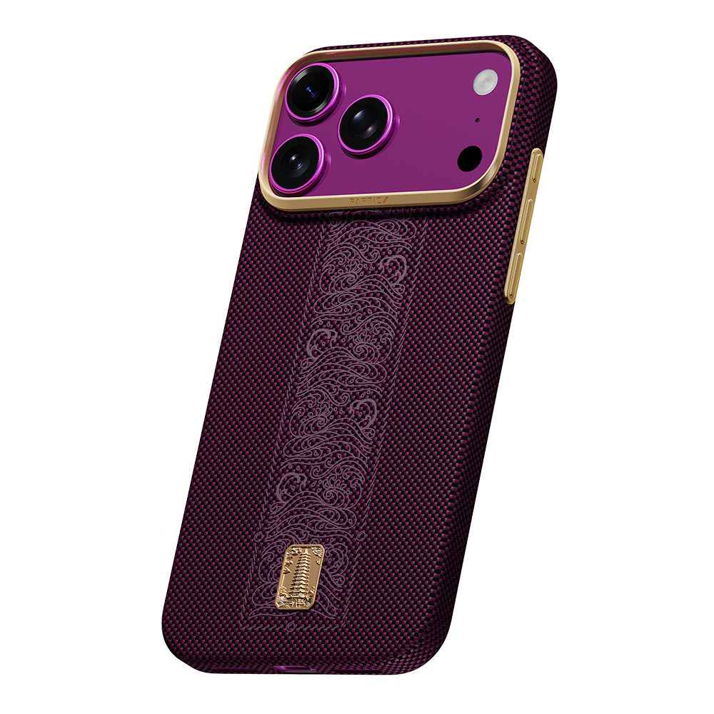 Raptic iPhone 18 Pro Aramid Skin Rise kılıf, Burgundy, 24 ayar altın detaylı, MagSafe uyumlu