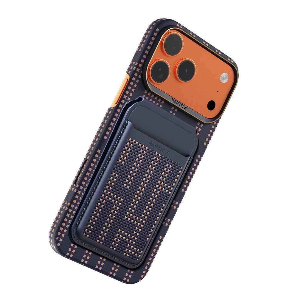 Raptic iPhone 17 Pro Aramid Skin Grid kılıf ve kartlık seti, Lacivert