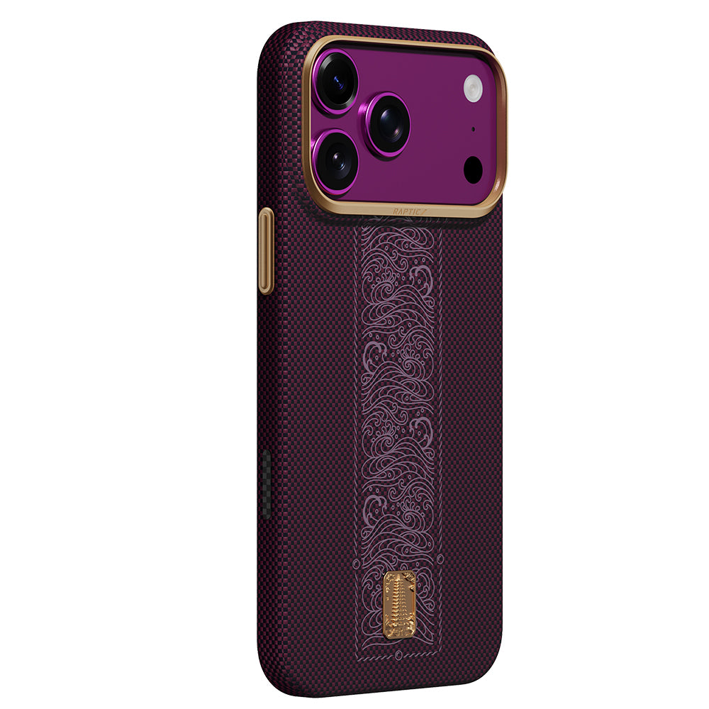 Apple iPhone 18 Pro Kılıf M-safe Şarj Özellikli Raptic Aramid Skin Rise Serisi 24 Ayar Altın Kaplamalı Karbon Kapak