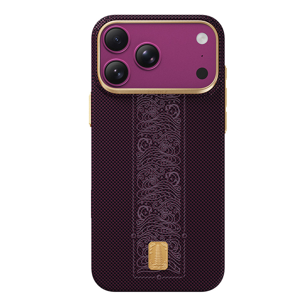 Apple iPhone 18 Pro Max Kılıf M-safe Şarj Özellikli Raptic Aramid Skin Rise Serisi 24 Ayar Altın Kaplamalı Karbon Kapak Dark Cherry
