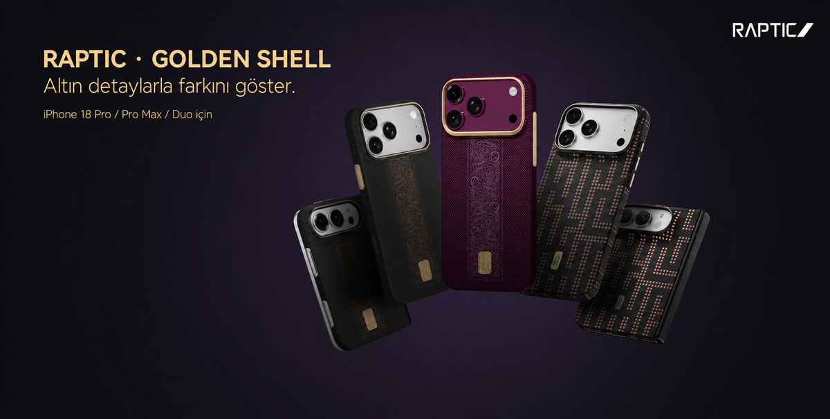 Raptic Golden Shell altın detaylı iPhone 18 Pro, Pro Max ve Duo kılıfları