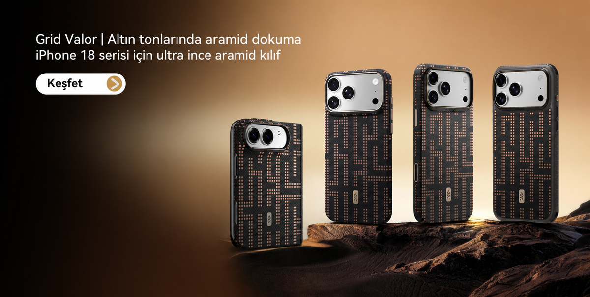 Raptic Grid Valor altın tonlarında aramid dokuma iPhone 18 kılıfları